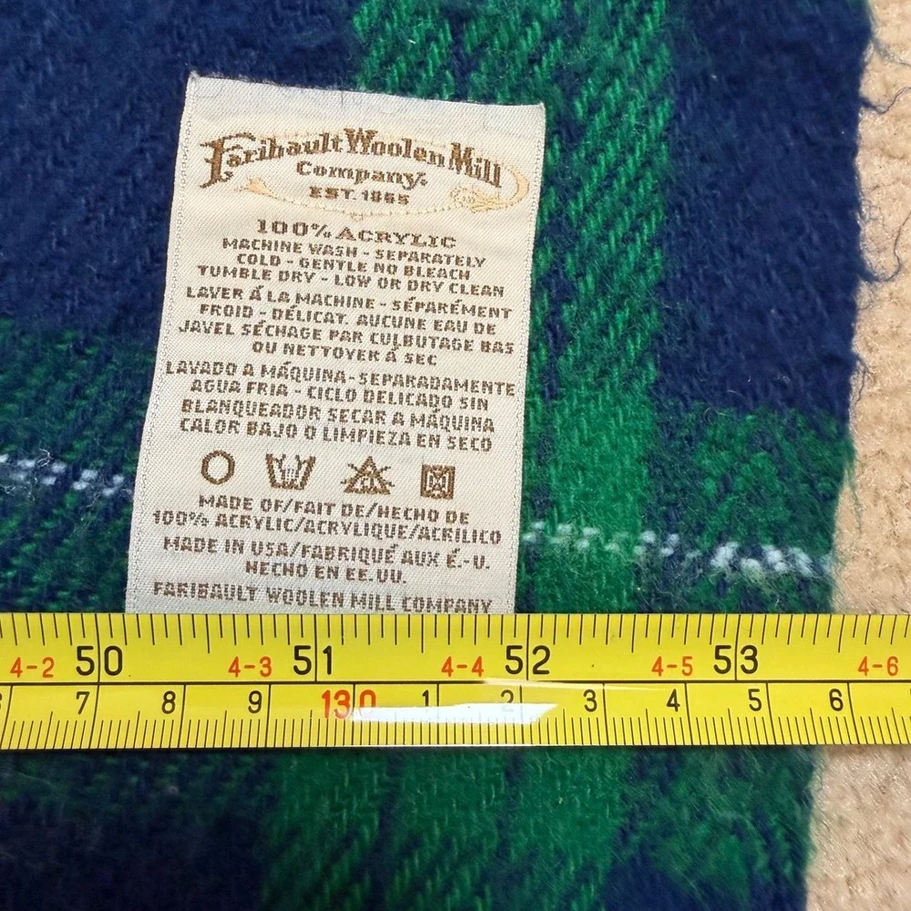 Faribault Woolen Mill  Blue‎ Green White Plaid WOOL Throw Blanket 53